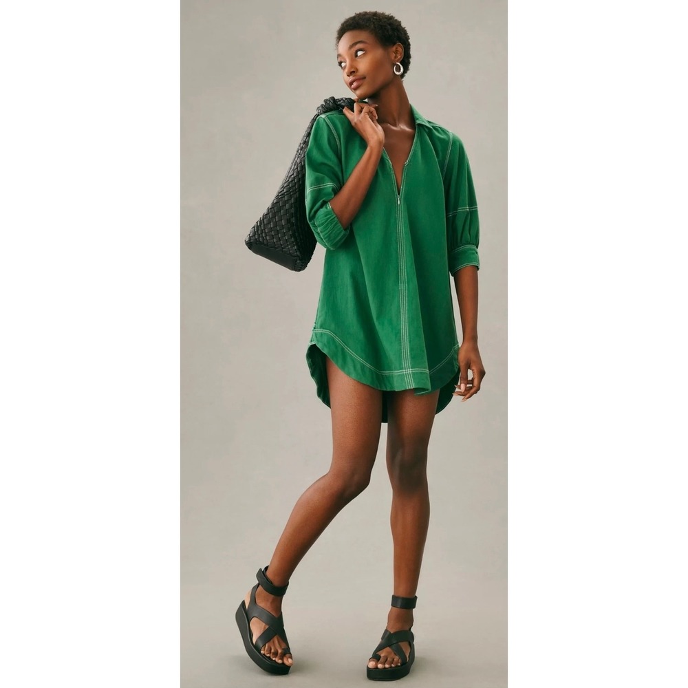 Pilcro Green V-Neck Tunic with Zip Front